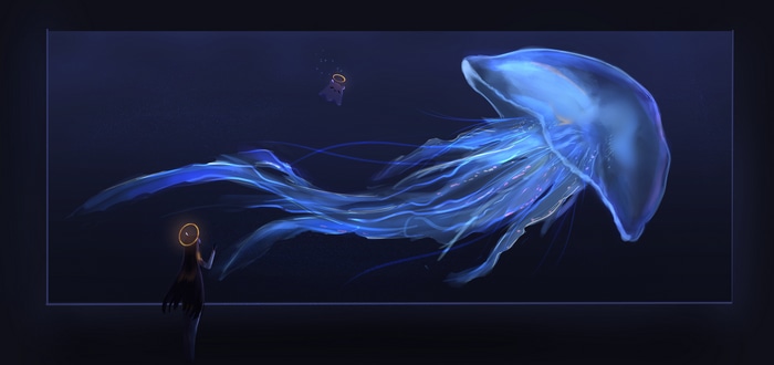 Ninomae Inanis and Takodachi with a giant jellyfish