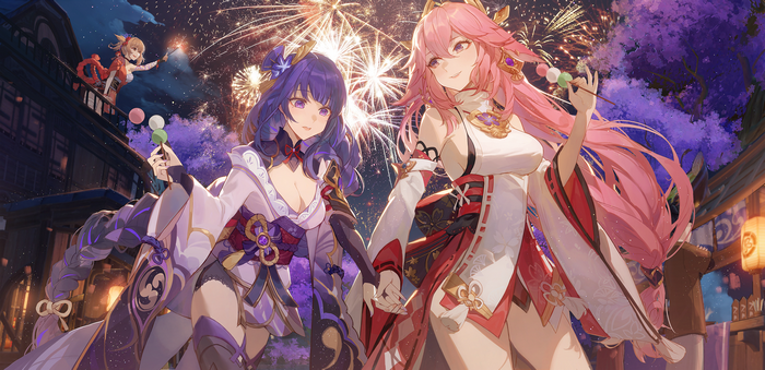 Yae Miko, Raiden Shogun, and Yoimiya with Fireworks