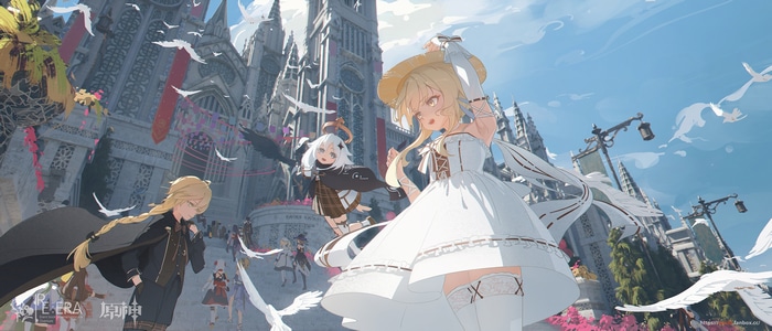 Aether and Lumine with Paimon in front of a cathedral