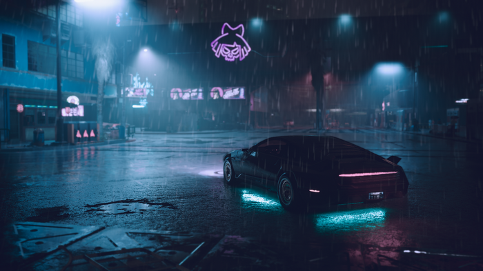Cyberpunk 2077 car in the rain at night