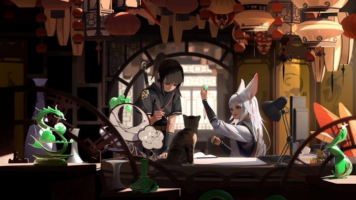 4K Anime Art of Fox Girl and Friend in a Shop