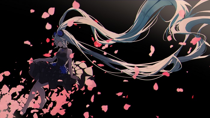 Hatsune Miku in a black dress with pink petals