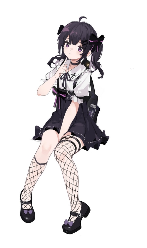 Girl with purple eyes and fishnet stockings
