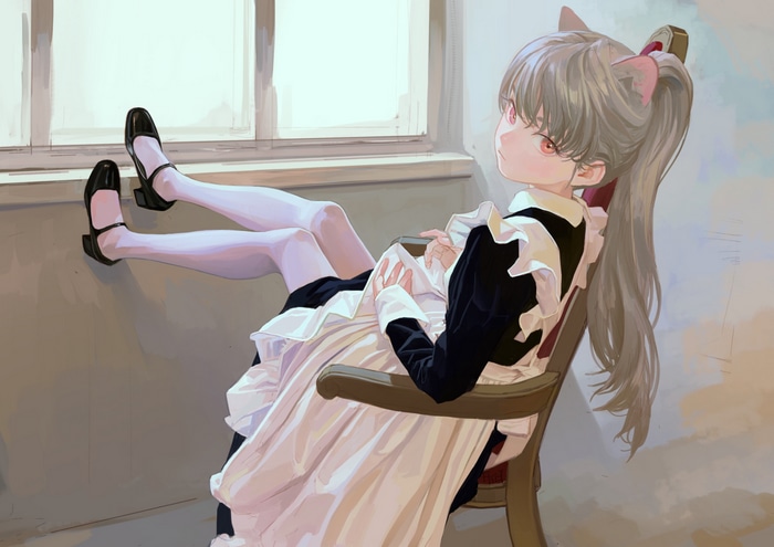 Anime cat girl maid with red eyes in a chair