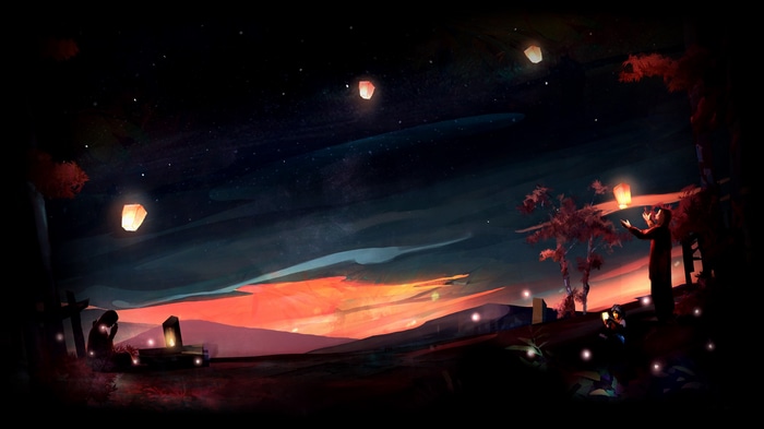 Video game scene with sky lanterns at sunset