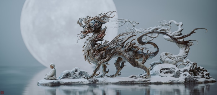 A Chinese dragon and a person under the moon