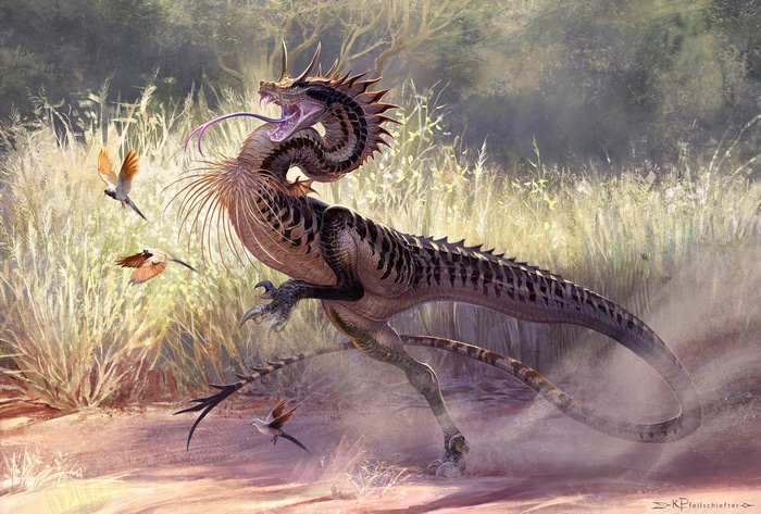Fantasy art of a dragon creature and birds