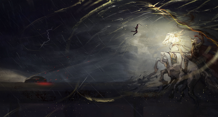 Odin on a white horse in a storm with a warrior