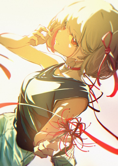 Nishikigi Chisato from Lycoris Recoil holding red spider lilies