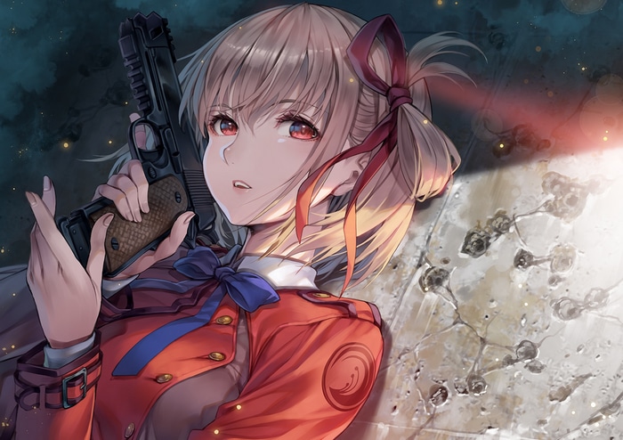 Nishikigi Chisato from Lycoris Recoil holding a gun