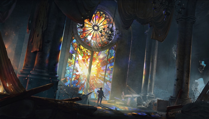 Soldier in a destroyed church with stained glass window