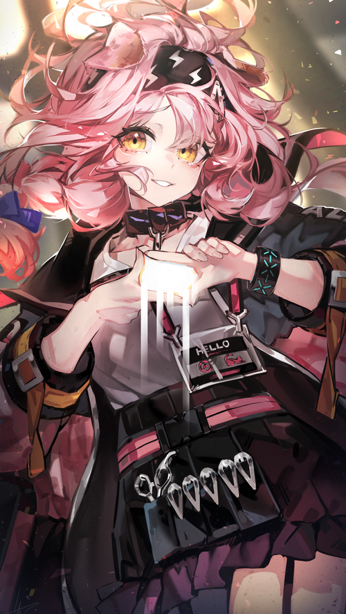 Goldenglow from Arknights with pink hair and yellow eyes