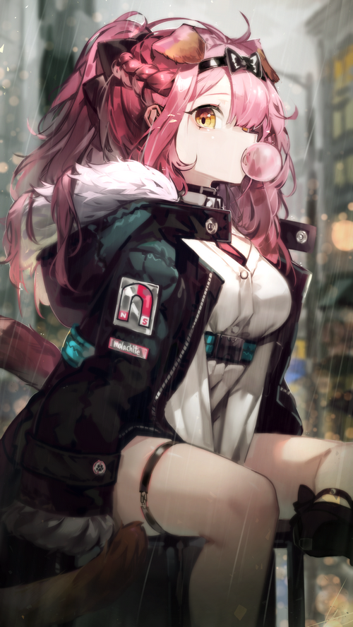 Goldenglow from Arknights blowing bubble gum in the rain