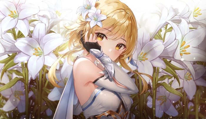 Lumine surrounded by white lilies in Genshin Impact