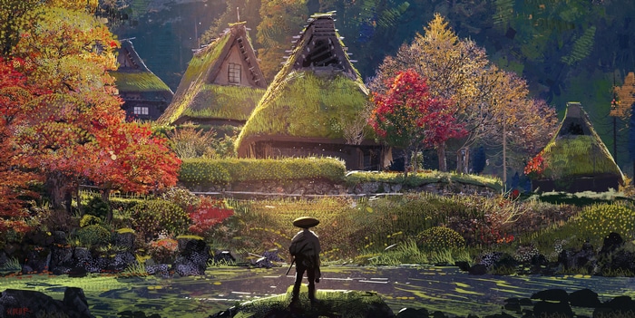 Jason Scheier's village with thatched-roof houses and autumn trees