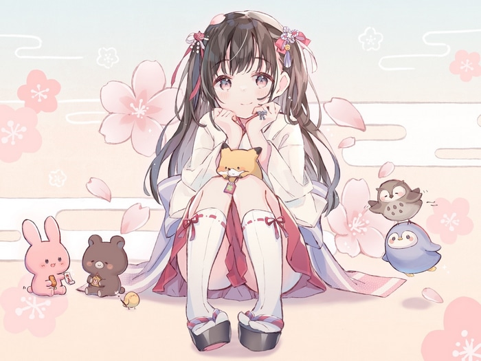 Anime girl with animal companions and cherry blossoms