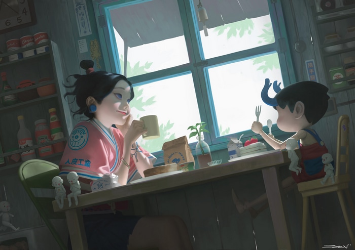 Woman and child having breakfast indoors