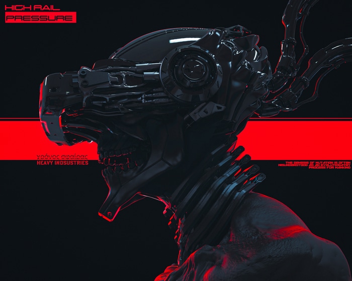 Cyberpunk Skull with Red Accents and Text