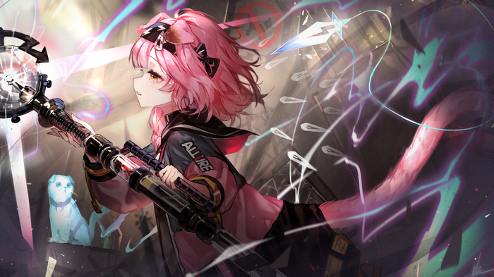 Arknights Goldenglow with a staff and a cat