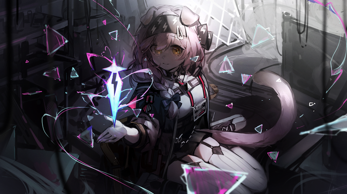 Goldenglow from Arknights with pink hair and yellow eyes