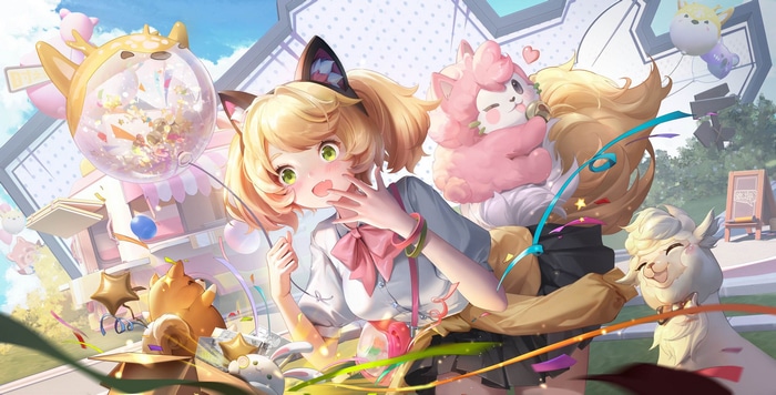 Fox girl with animal companions and balloons