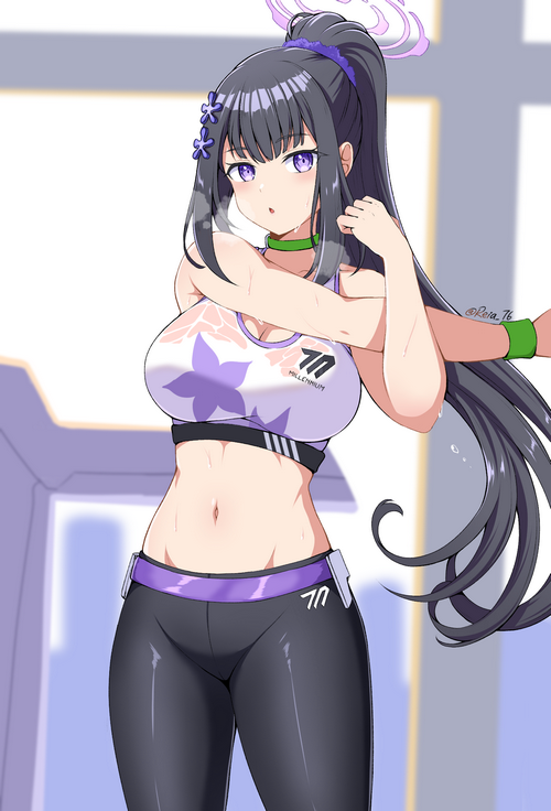 Otohana Sumire from Blue Archive stretching in gym attire