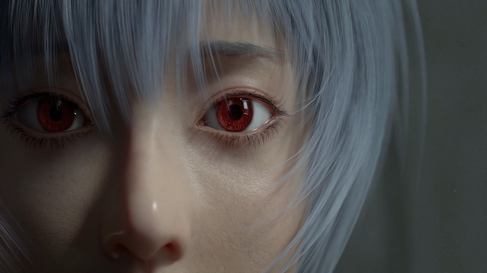 Ayanami Rei with red eyes and blue hair