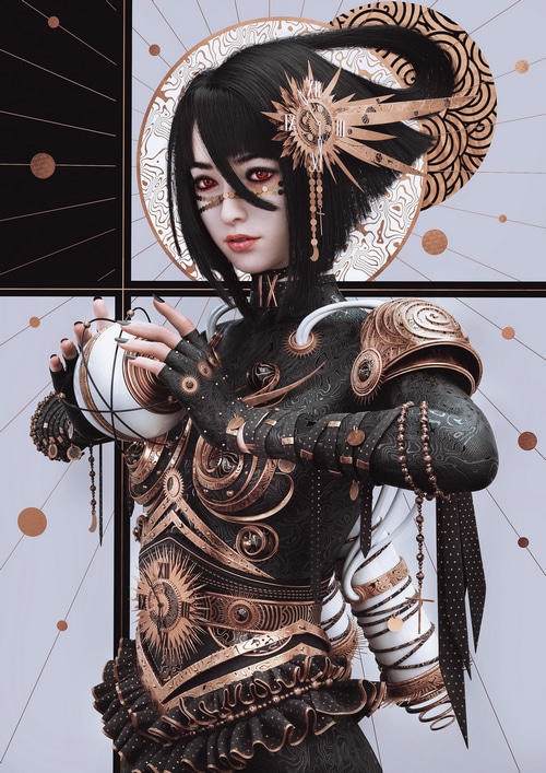 Mechanical Doll with Red Eyes and Gold Armor