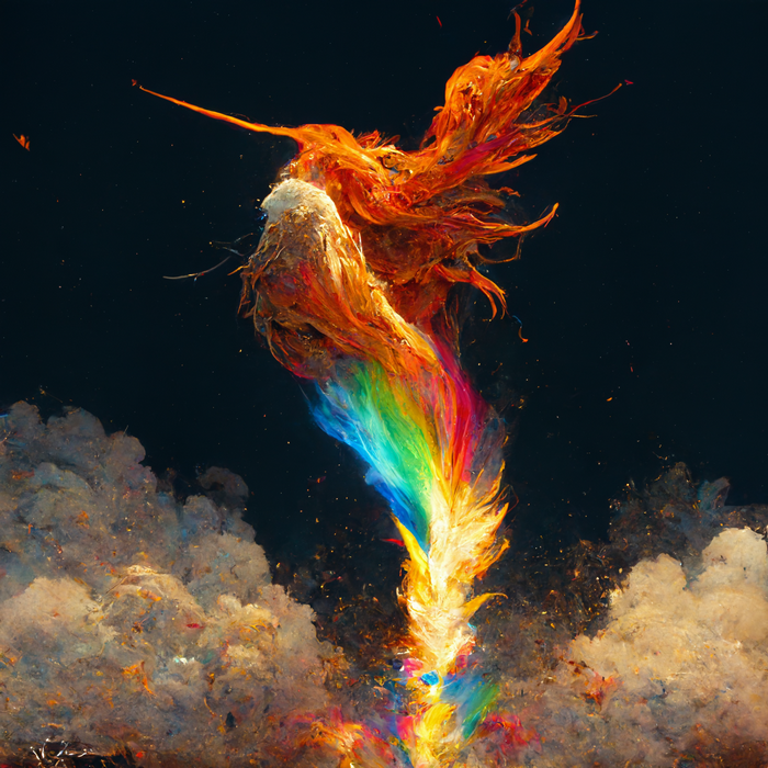 A fiery unicorn with a rainbow trail against a dark background