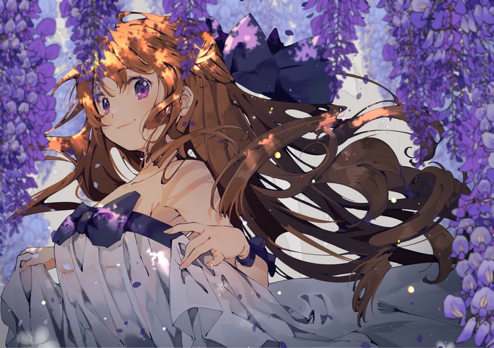 Girl with purple eyes and brunette hair among flowers