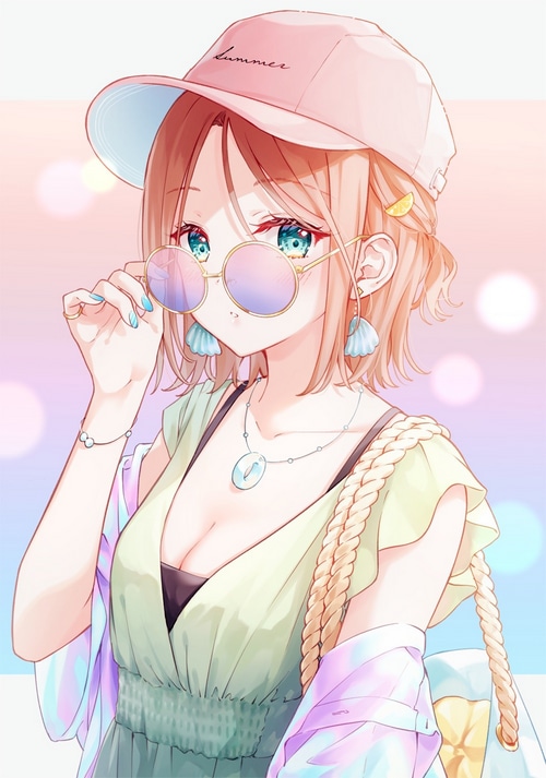 Anime girl with glasses and a summer hat