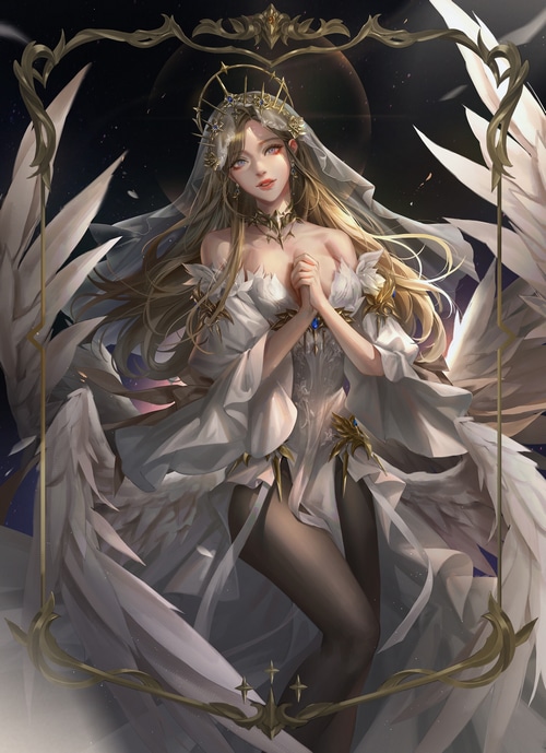 Fantasy angel woman in white dress with wings