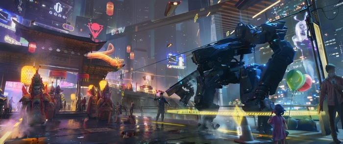 Cyberpunk Cityscape with Robot and Chinese Architecture