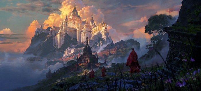Monks walk towards a fantasy castle on a mountain