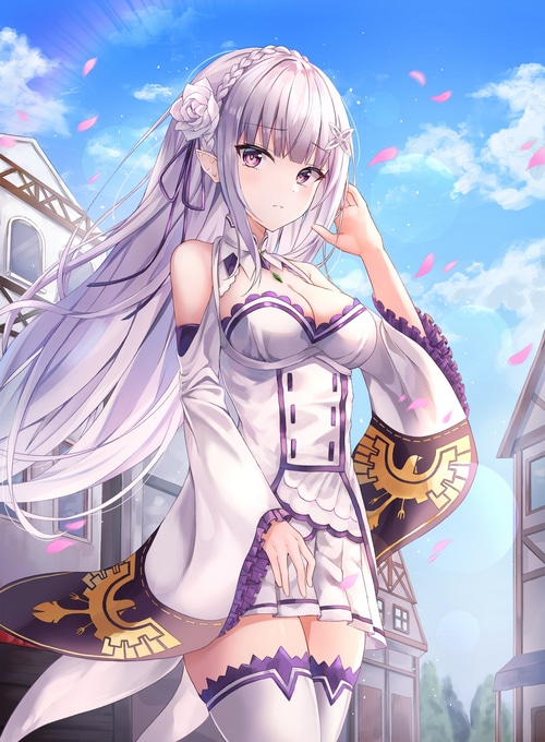 Emilia from Re:Zero in a white and purple dress