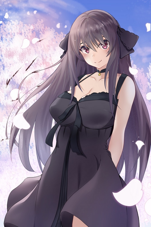 Tobisawa Misaki in a black dress with petals falling