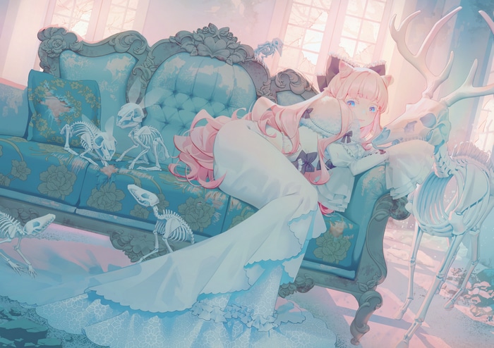 Girl with pink hair and blue eyes on a blue couch with skeletons