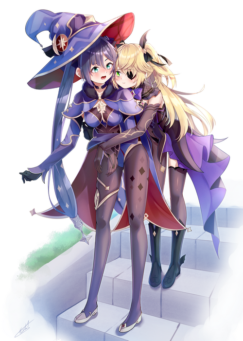 Mona and Fischl from Genshin Impact hugging