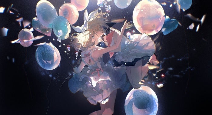 Anime girls dancing among balloons