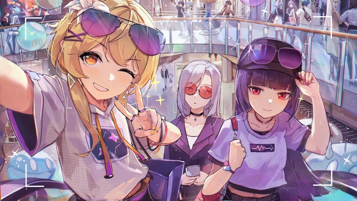Three anime girls taking a selfie in a mall