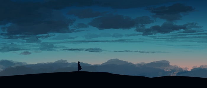 Anime sky with clouds and silhouette of a person