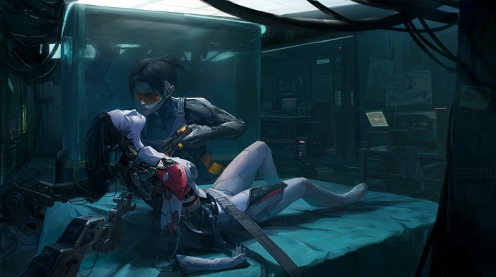 Cyberpunk laboratory with cyborgs