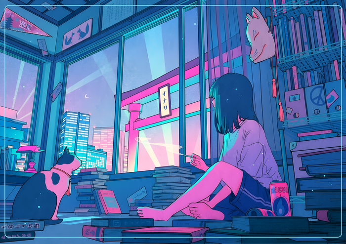 Girl Smoking with Cat and Fox Mask in Cyberpunk City