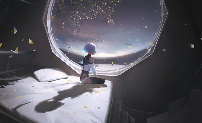 4K Cyberpunk: Edgerunners girl looking out a window at a planet