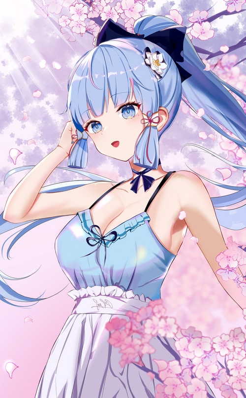 Kamisato Ayaka from Genshin Impact with cherry blossoms