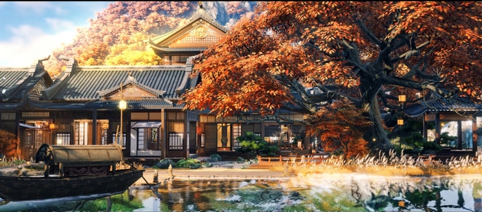 Traditional Japanese building by the water with autumn trees