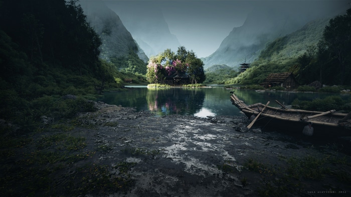 4K landscape of a serene lake with a small island