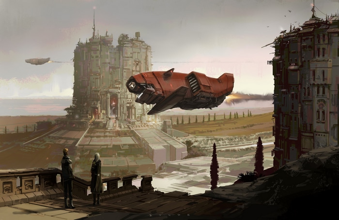 Futuristic city with spaceships and people