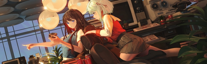 Lycoris Recoil fan art of two women playing video games
