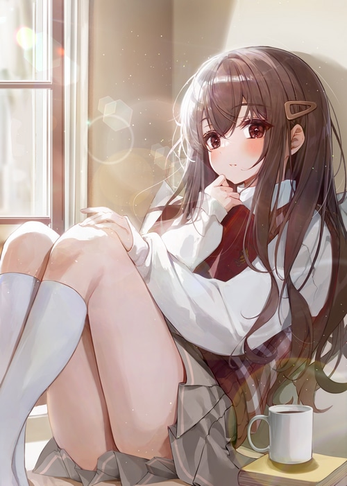 Anime girl blushing by the window with coffee